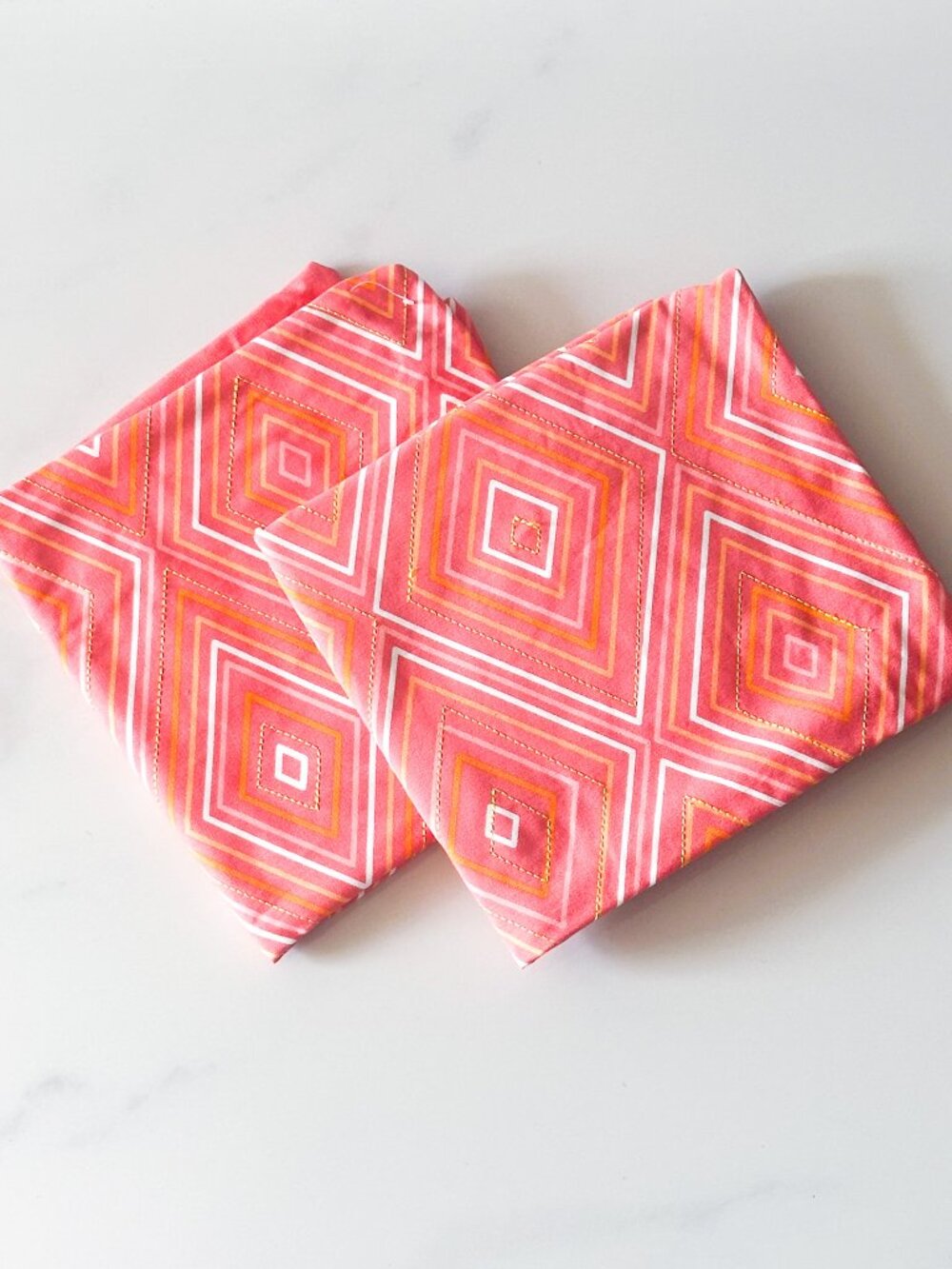 Set of 2 Square 18" Coral Pink & Orange Geometric Diamond Pattern Cushion Covers